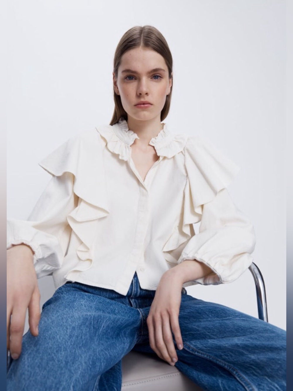 Zara White Ruffle Poet Top Medium Cotton Button Down Cottagecore Long Sleeve